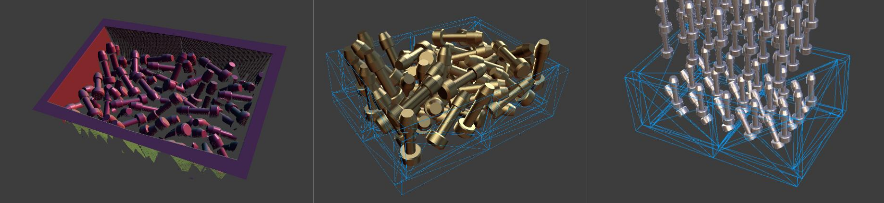Physical simulation of machinery parts falling into bins
